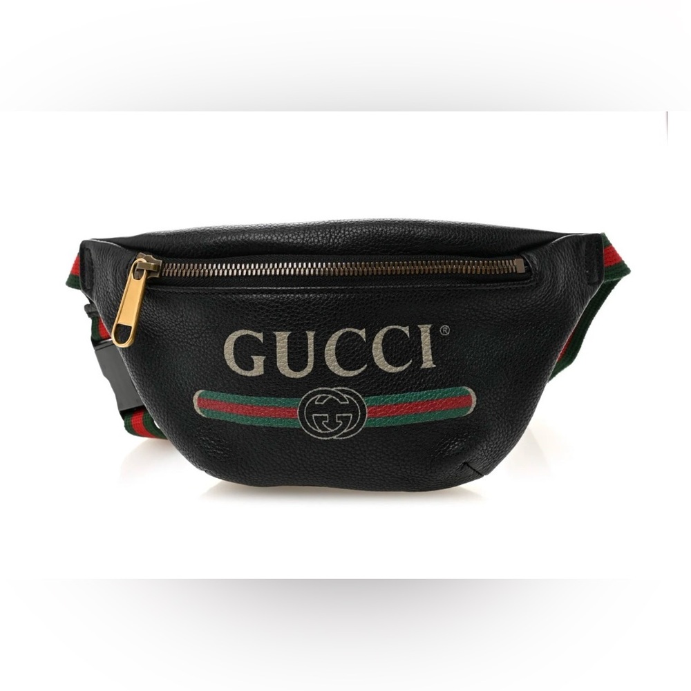 Gucci Black Grained Calfskin Logo Print Web Small Belt Bag